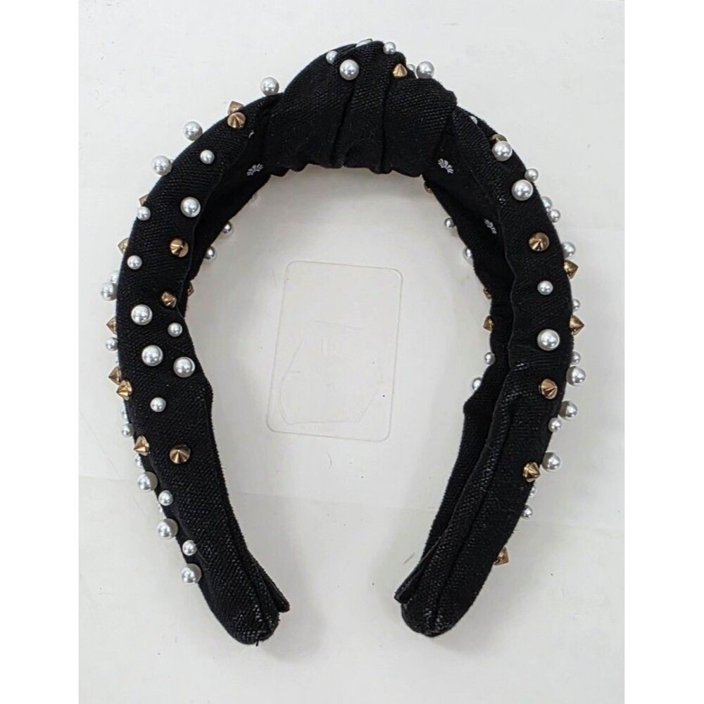 Lele Sadoughi woven pearl Knotted Headband Jet velvet Headband Gold stud